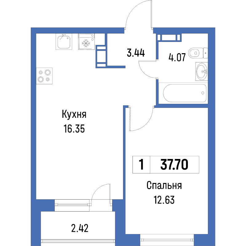 2-комнатная (Евро) квартира, 37.7 м² в ЖК "Урбанист" - планировка, фото №1