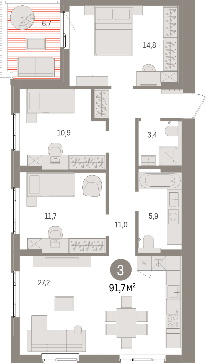 4-комнатная (Евро) квартира, 91.7 м² - планировка, фото №1