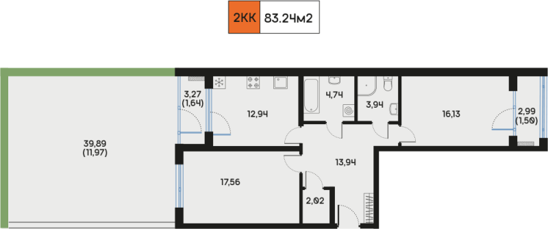 2-комнатная квартира, 86.75 м² в ЖК "Дом Регенбоген" - планировка, фото №1