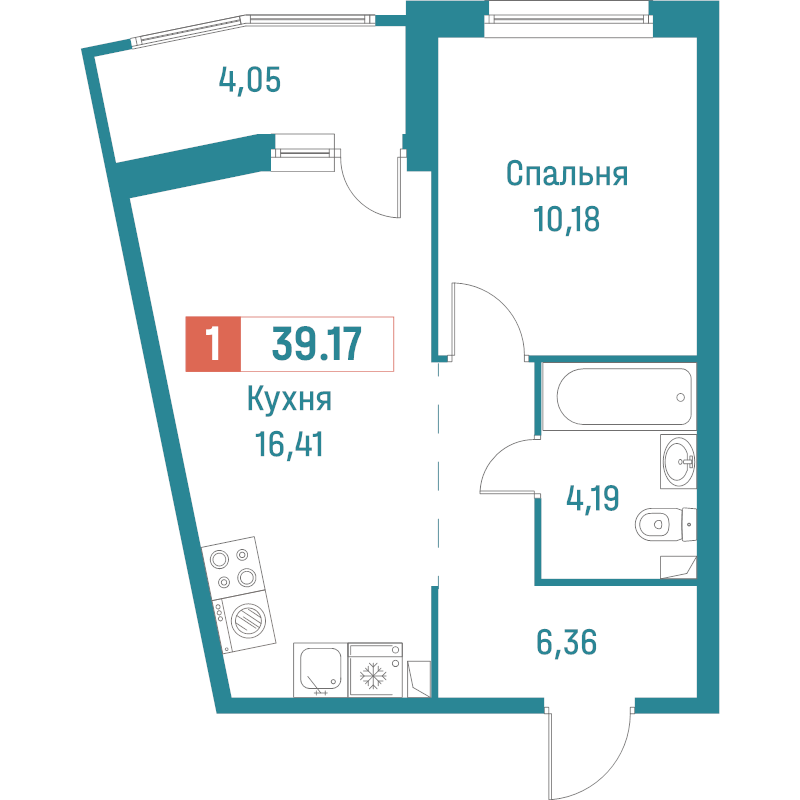 2-комнатная (Евро) квартира, 39.17 м² в ЖК "Графика" - планировка, фото №1