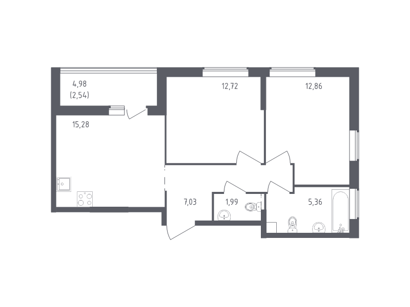 3-комнатная (Евро) квартира, 57.78 м² в ЖК "Южная Нева" - планировка, фото №1