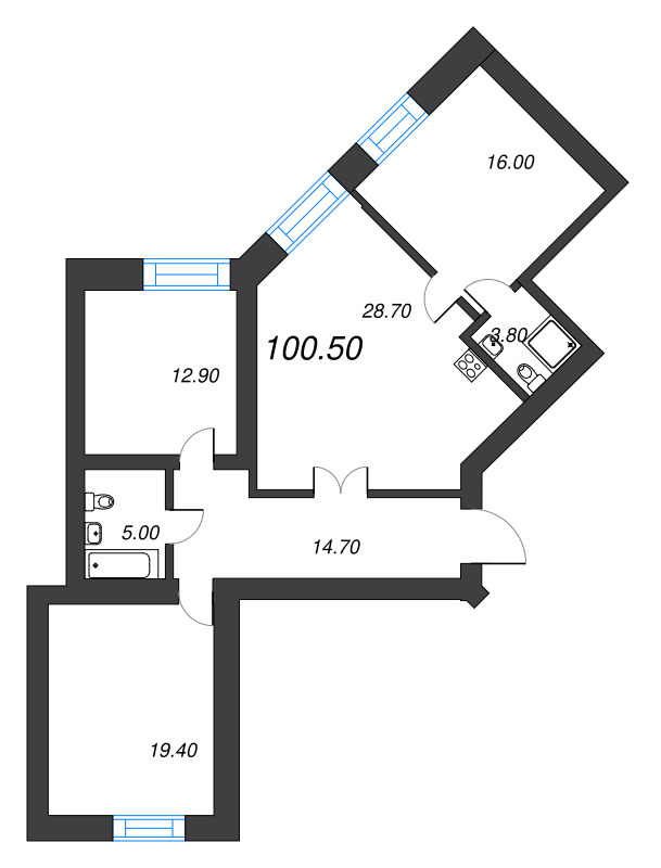 3-комнатная квартира, 100.5 м² в ЖК "Листва" - планировка, фото №1