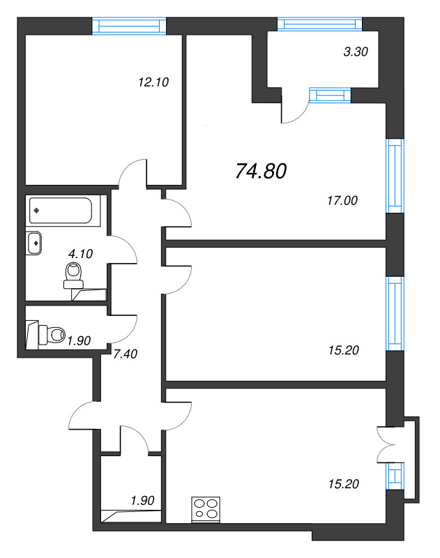 4-комнатная (Евро) квартира, 74.8 м² в ЖК "Дубровский" - планировка, фото №1