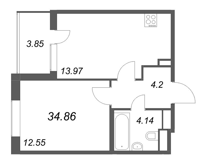 1-комнатная квартира, 34.86 м² в ЖК "ЮгТаун" - планировка, фото №1