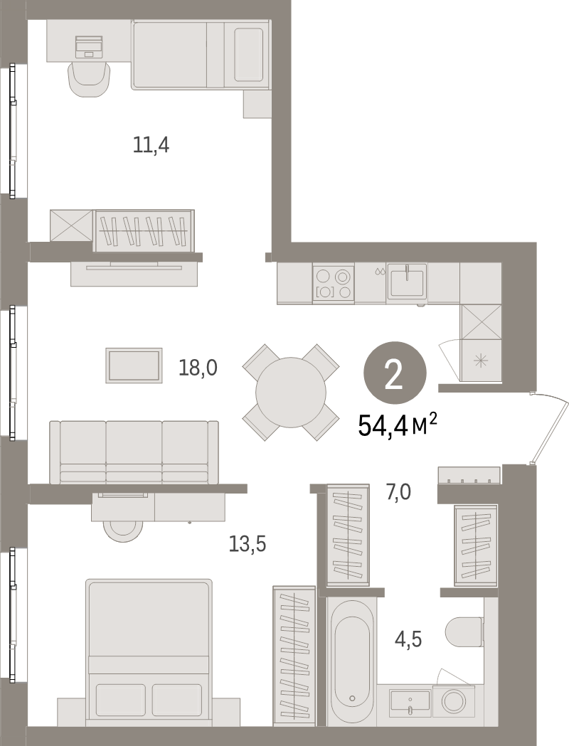 3-комнатная (Евро) квартира, 54.4 м² в ЖК "Брусника в Новоселье" - планировка, фото №1