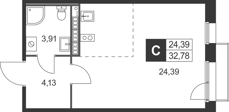 Квартира-студия, 32.78 м² в ЖК "Слобода" - планировка, фото №1