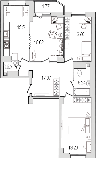 3-комнатная квартира, 91.3 м² - планировка, фото №1