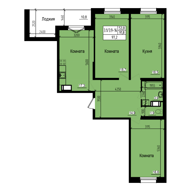 3-комнатная квартира, 96.9 м² - планировка, фото №1