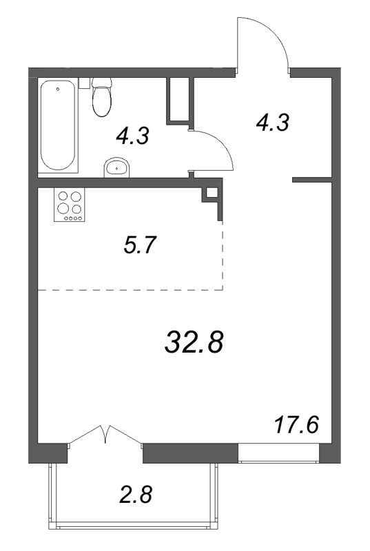 Квартира-студия, 32.8 м² - планировка, фото №1