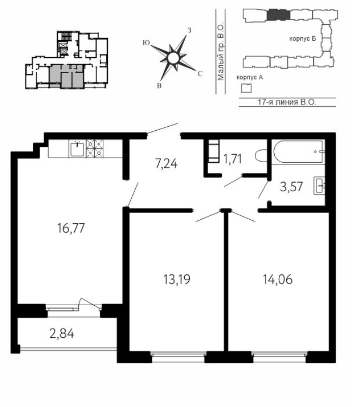3-комнатная (Евро) квартира, 57.96 м² в ЖК "17-я линия" - планировка, фото №1