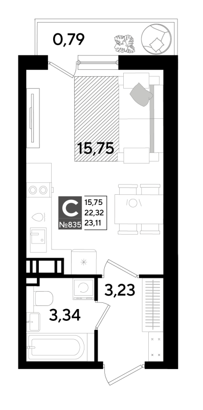 Квартира-студия, 23.11 м² в ЖК "Догма Юкки" - планировка, фото №1