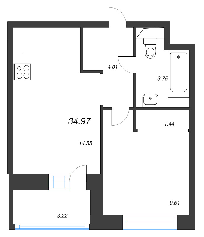 1-комнатная квартира, 34.97 м² в ЖК "Уютный" - планировка, фото №1