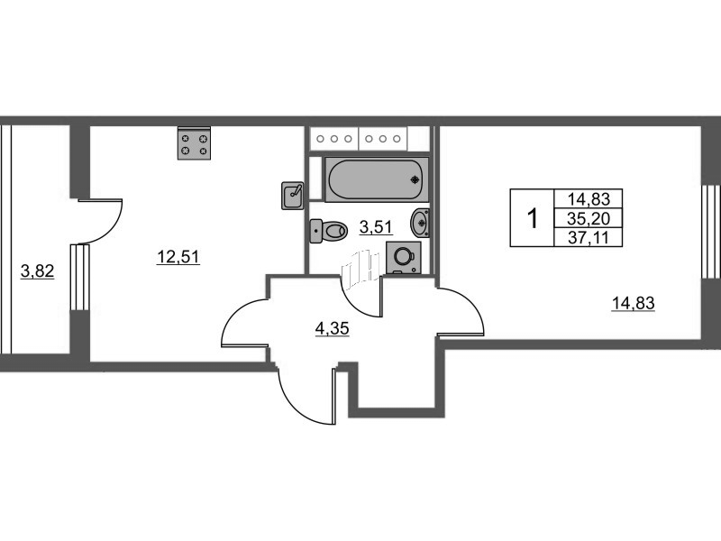 1-комнатная квартира, 37.11 м² - планировка, фото №1