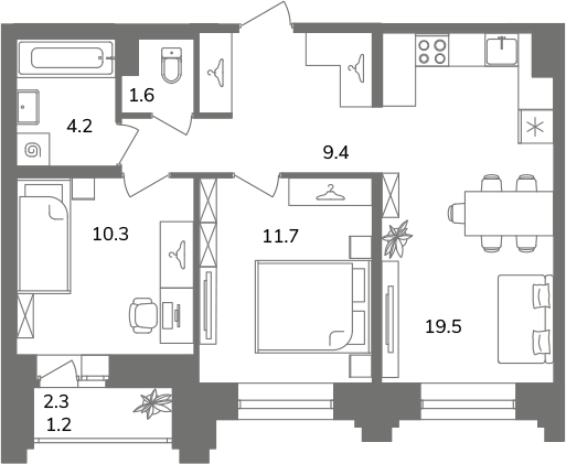 3-комнатная (Евро) квартира, 57.9 м² в ЖК "Антверпен" - планировка, фото №1