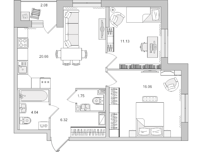 3-комнатная (Евро) квартира, 62.04 м² в ЖК "Город Первых" - планировка, фото №1