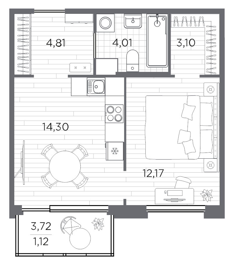 1-комнатная квартира, 39.52 м² в ЖК "PLUS Пулковский" - планировка, фото №1