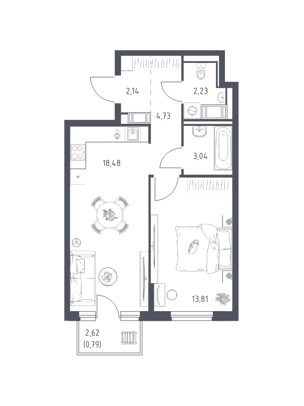 2-комнатная (Евро) квартира, 45.22 м² в ЖК "Новое Колпино" - планировка, фото №1
