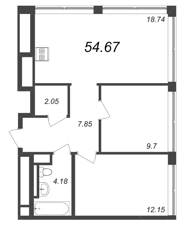 3-комнатная (Евро) квартира, 54.67 м² в ЖК "GloraX Premium Василеостровский" - планировка, фото №1