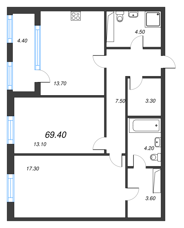 2-комнатная квартира, 69.4 м² в ЖК "Тайм Сквер" - планировка, фото №1