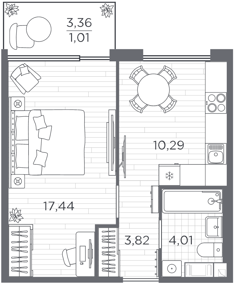 1-комнатная квартира, 37.12 м² - планировка, фото №1