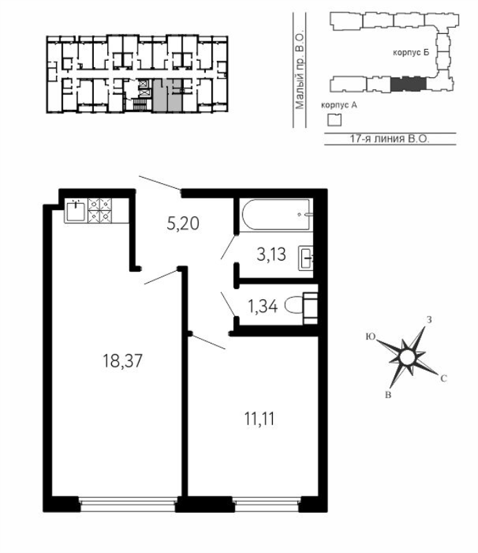 2-комнатная (Евро) квартира, 39.15 м² в ЖК "17-я линия" - планировка, фото №1