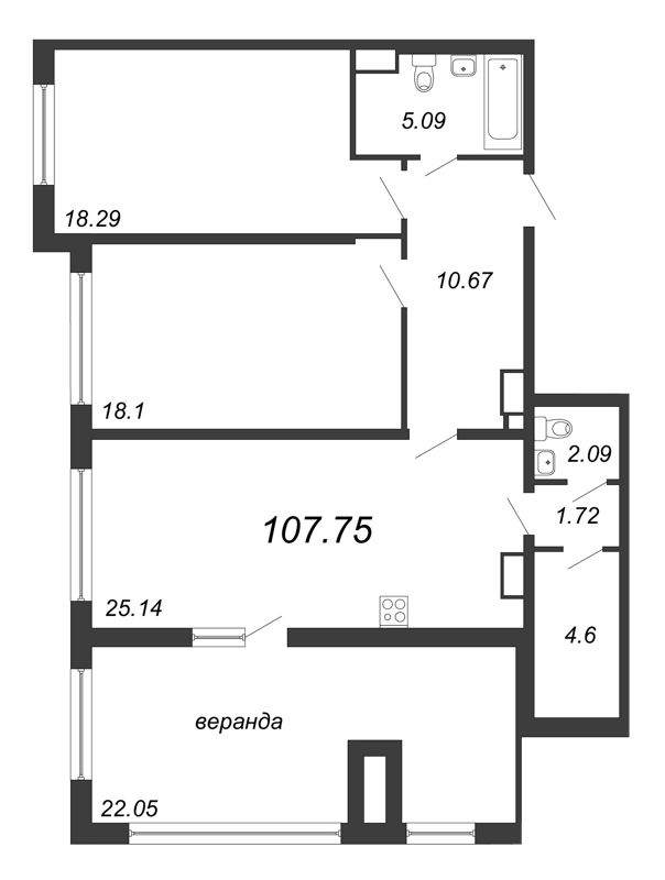 3-комнатная (Евро) квартира, 105.7 м² в ЖК "PROMENADE" - планировка, фото №1
