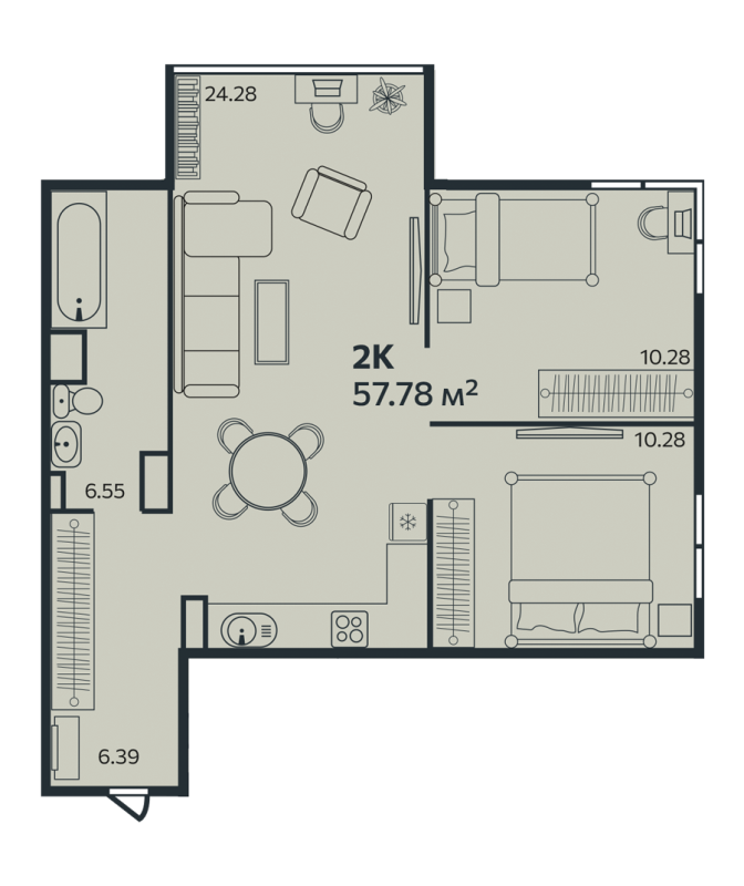 3-комнатная (Евро) квартира, 57.78 м² - планировка, фото №1