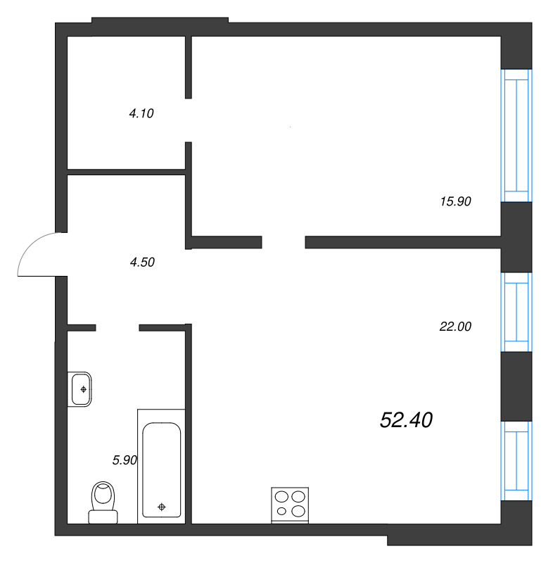 2-комнатная (Евро) квартира, 52.4 м² - планировка, фото №1