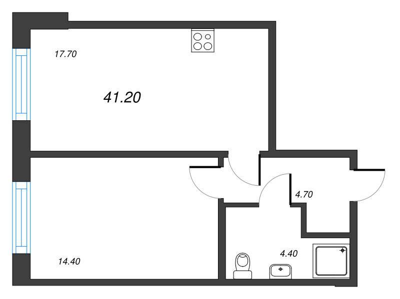 2-комнатная (Евро) квартира, 41.2 м² - планировка, фото №1