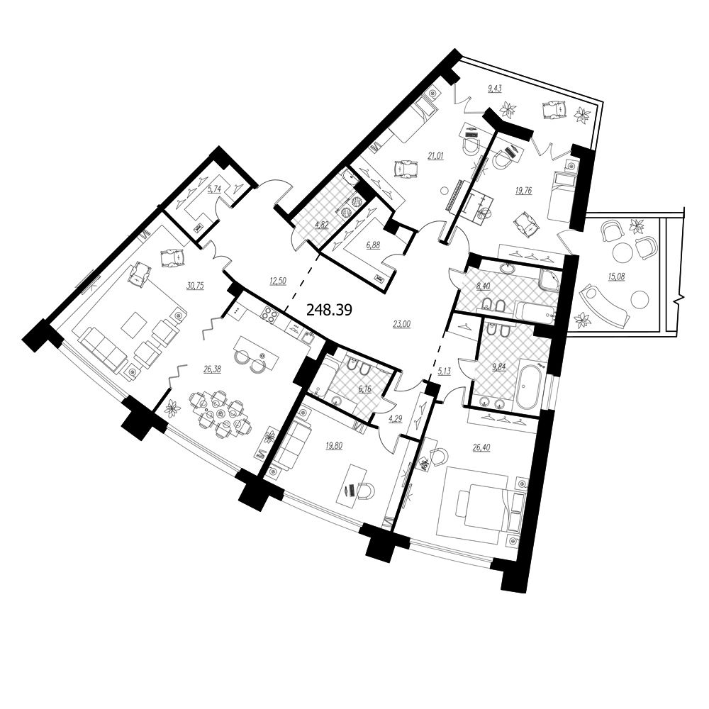 5-комнатная квартира, 255.3 м² - планировка, фото №1