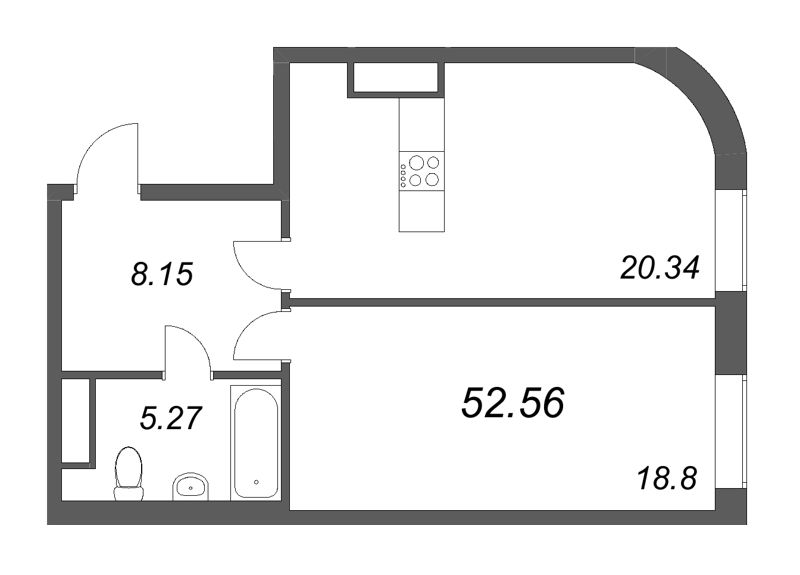 2-комнатная (Евро) квартира, 52.56 м² - планировка, фото №1