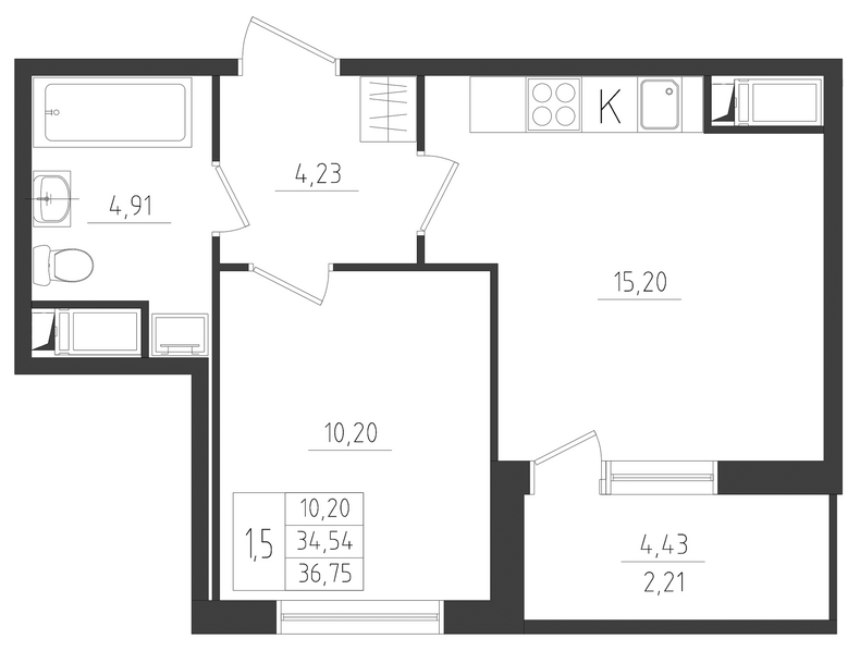 2-комнатная (Евро) квартира, 36.75 м² - планировка, фото №1
