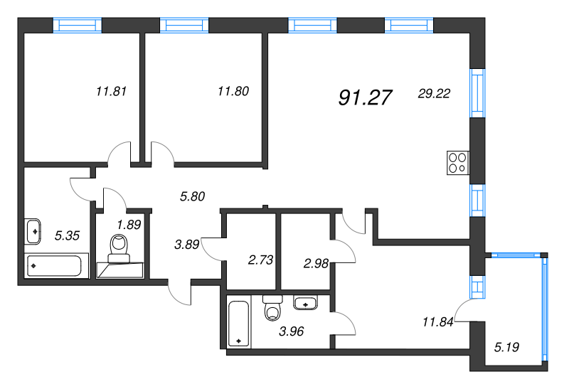 4-комнатная (Евро) квартира, 91.27 м² - планировка, фото №1