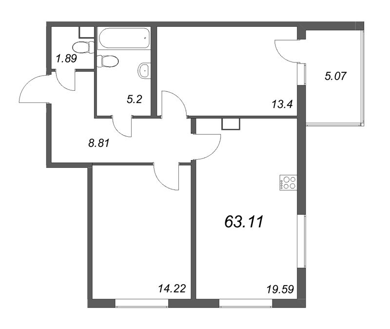 3-комнатная (Евро) квартира, 63.11 м² - планировка, фото №1