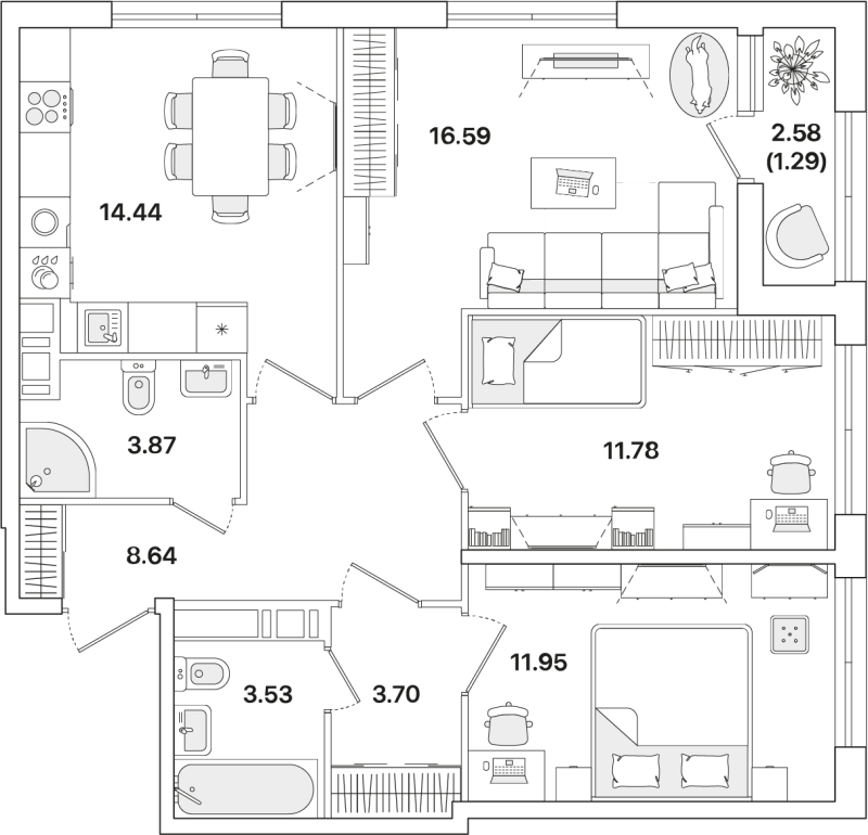 3-комнатная квартира, 75.79 м² - планировка, фото №1