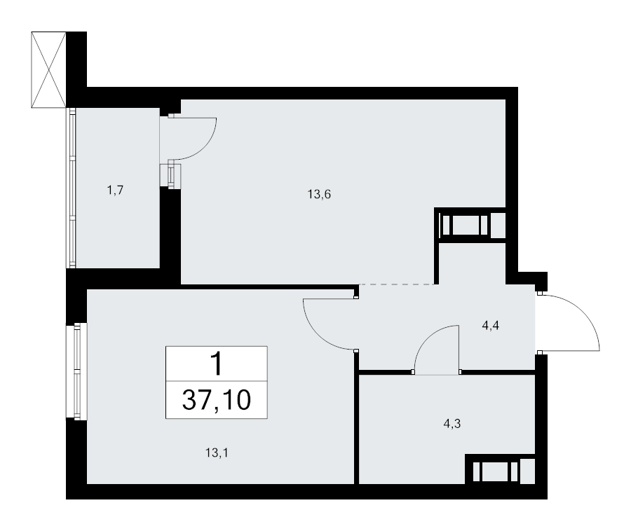 1-комнатная квартира, 37.1 м² - планировка, фото №1