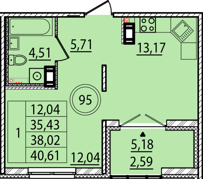 1-комнатная квартира, 35.43 м² в ЖК "Образцовый квартал 15" - планировка, фото №1