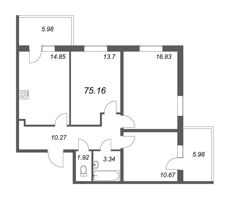 3-комнатная квартира, 71.58 м² в ЖК "Юттери" - планировка, фото №1