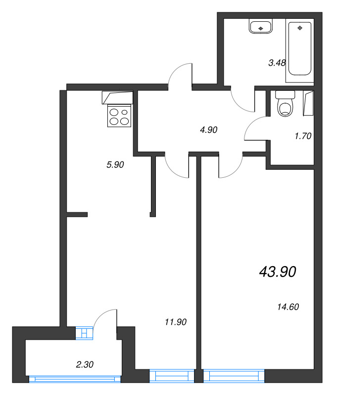 2-комнатная (Евро) квартира, 43.9 м² в ЖК "Аэросити" - планировка, фото №1