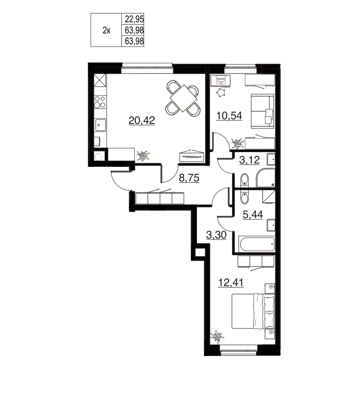3-комнатная (Евро) квартира, 62.24 м² в ЖК "Соло. Петергоф" - планировка, фото №1
