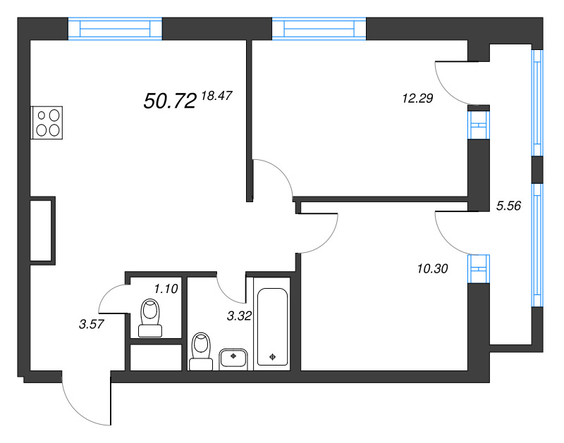 3-комнатная (Евро) квартира, 50.72 м² в ЖК "Старлайт" - планировка, фото №1