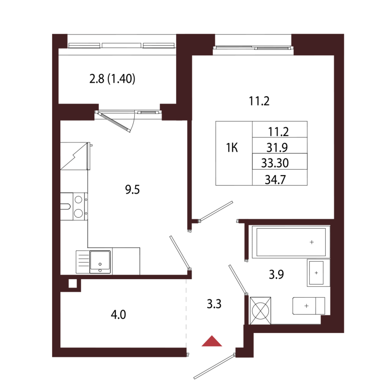 1-комнатная квартира, 33.3 м² в ЖК "Лисино" - планировка, фото №1