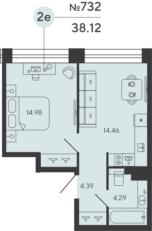 2-комнатная (Евро) квартира, 38.12 м² - планировка, фото №1