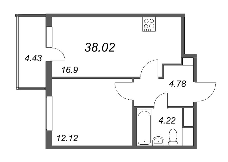 2-комнатная (Евро) квартира, 38.02 м² в ЖК "Ясно.Янино" - планировка, фото №1