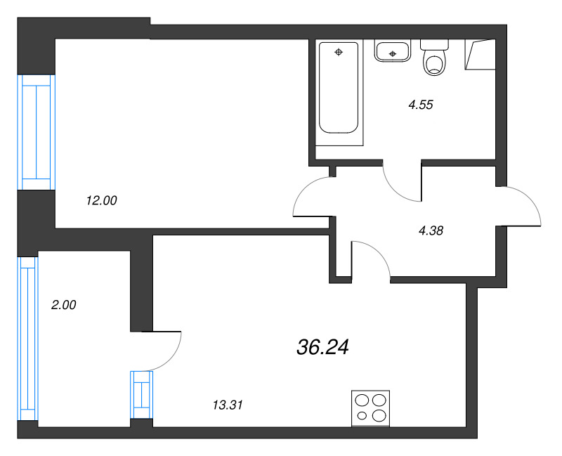 2-комнатная (Евро) квартира, 36.24 м² в ЖК "Аквилон Верба" - планировка, фото №1