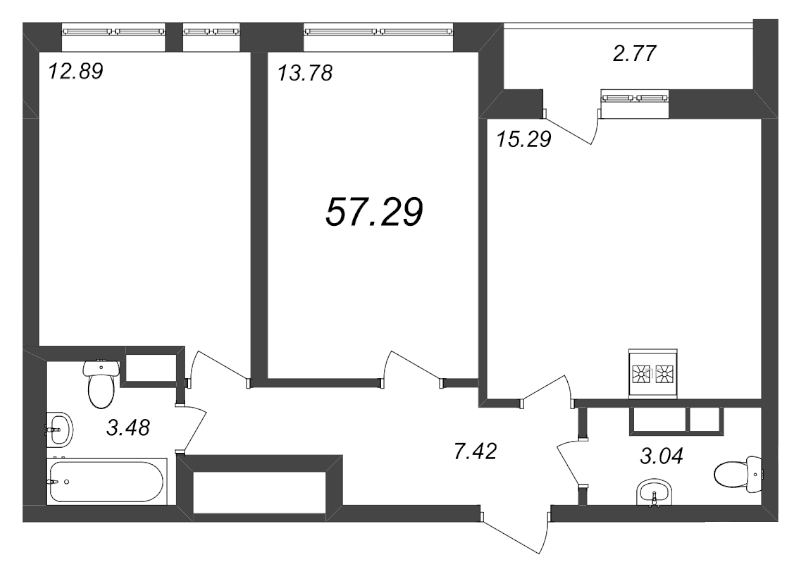 2-комнатная квартира, 57.29 м² - планировка, фото №1