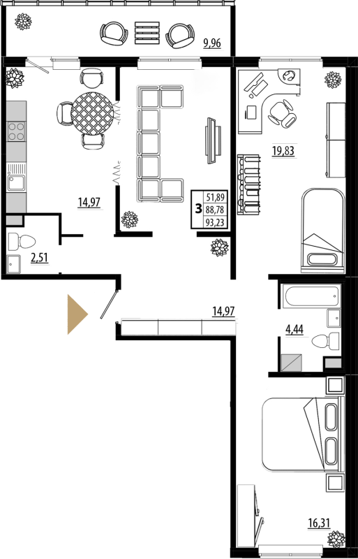 3-комнатная квартира, 88 м² - планировка, фото №1