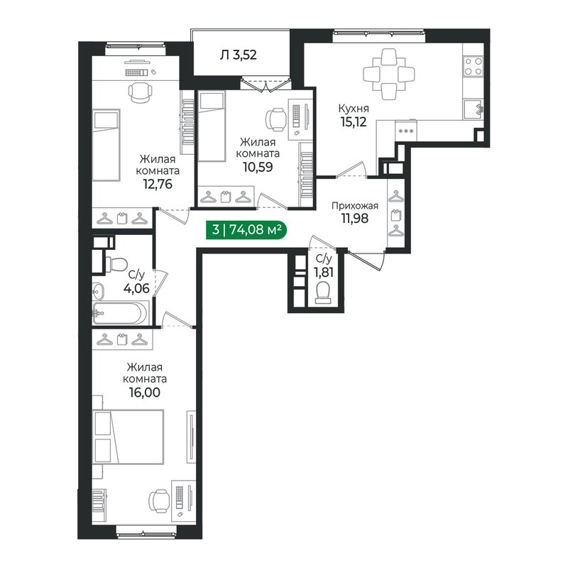 4-комнатная (Евро) квартира, 74.08 м² в ЖК "Сертолово Парк" - планировка, фото №1
