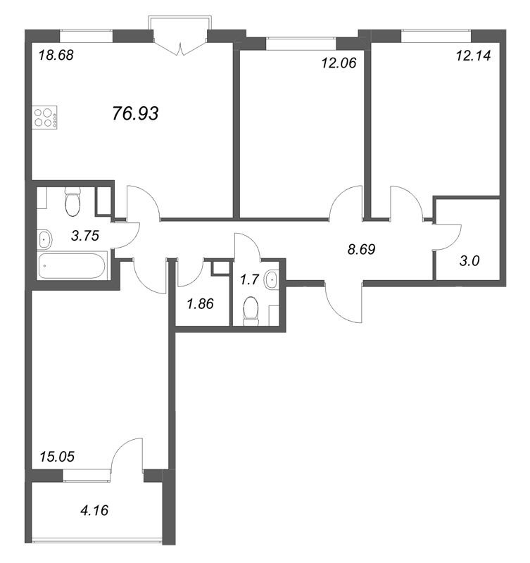 4-комнатная (Евро) квартира, 76.93 м² в ЖК "Любоград" - планировка, фото №1