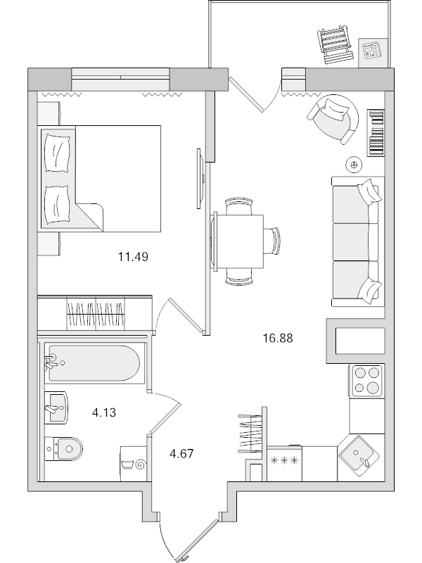 2-комнатная (Евро) квартира, 40.14 м² в ЖК "Город Первых" - планировка, фото №1